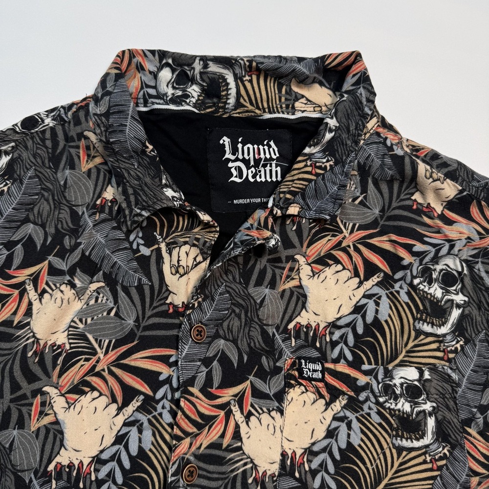 Liquid Death Shirt Mens Large Black Skull Hawaiian Aloha‎ Button Front Tropical - Picture 4 of 8